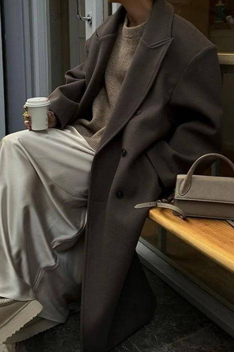 Long Wool Coat with Notched Lapels and Button Front Closure