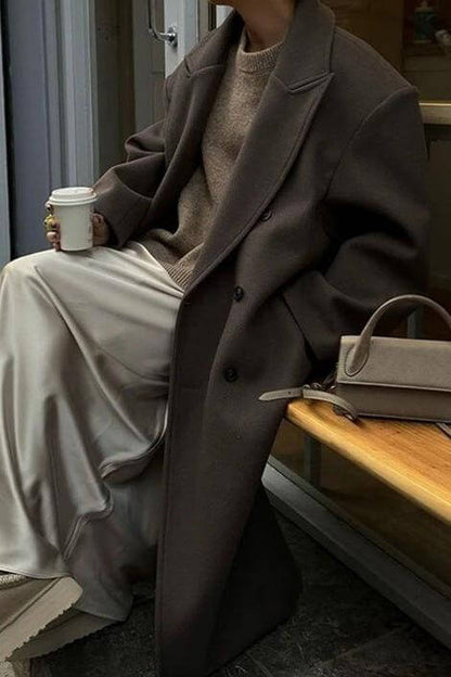 Long Wool Coat with Notched Lapels and Button Front Closure