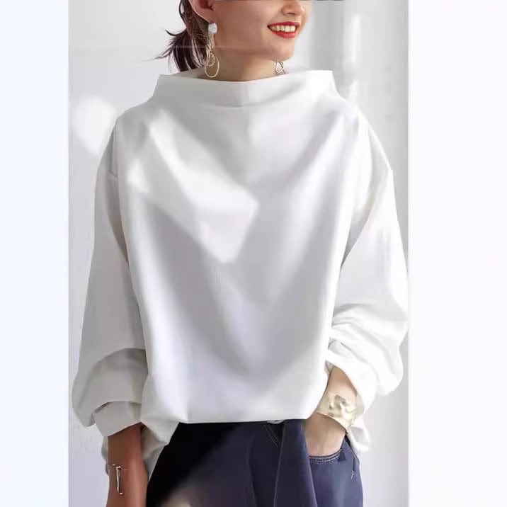 High-Neck Long-Sleeve Top with Relaxed Fit and Dropped Shoulders