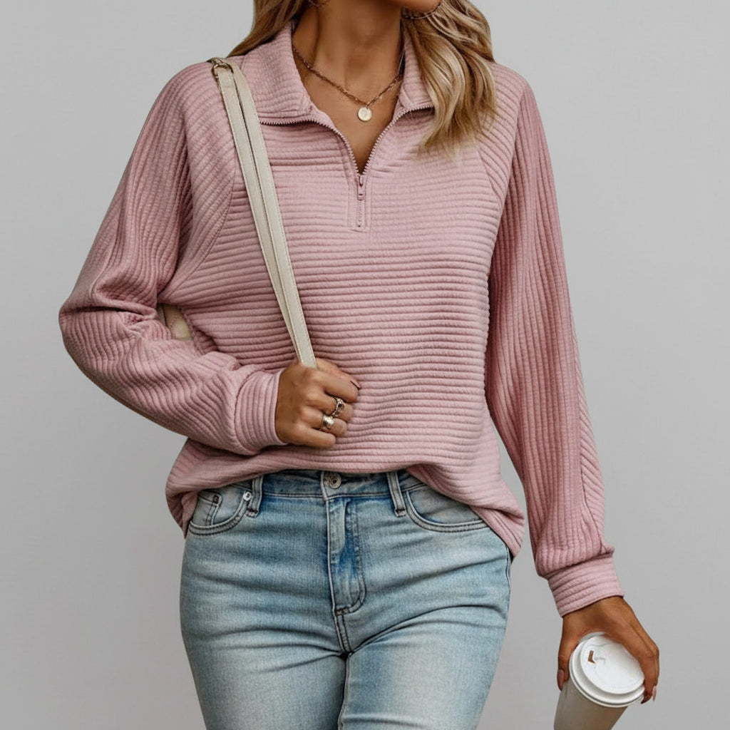 Quarter Zip Pullover with Stand Collar and Drop Shoulder
