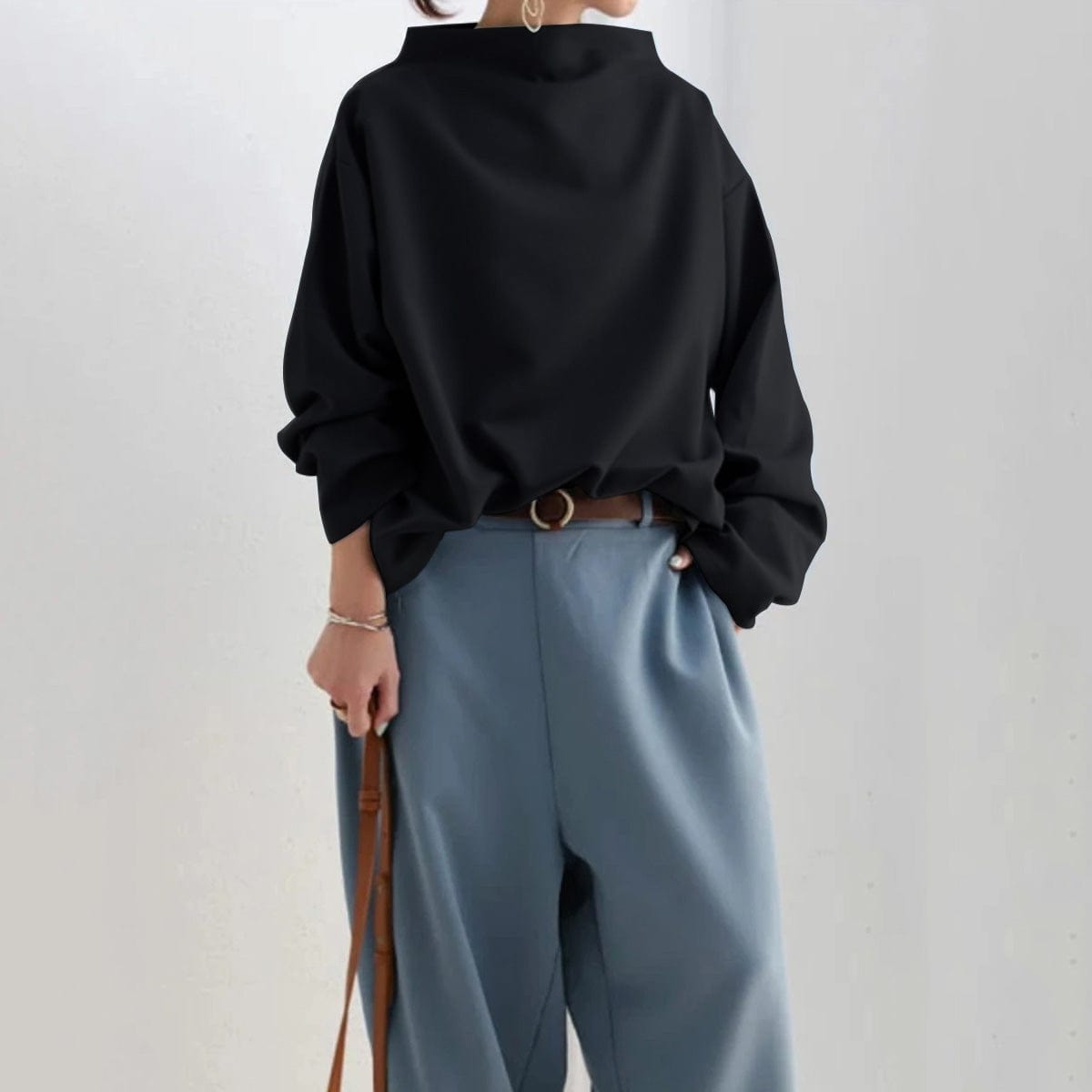 High-Neck Long-Sleeve Top with Relaxed Fit and Dropped Shoulders