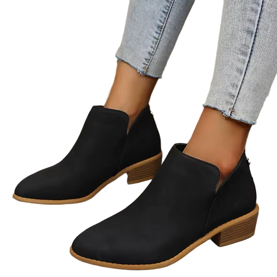 Textured Faux Suede Ankle Booties with V-Cut Front and Low Stacked Heel