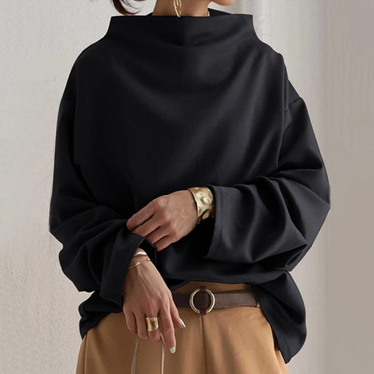 High-Neck Long-Sleeve Top with Relaxed Fit and Dropped Shoulders