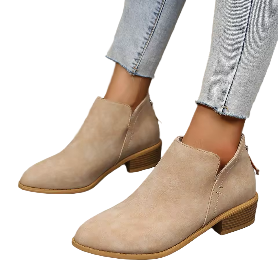 Textured Faux Suede Ankle Booties with V-Cut Front and Low Stacked Heel