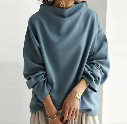High-Neck Long-Sleeve Top with Relaxed Fit and Dropped Shoulders