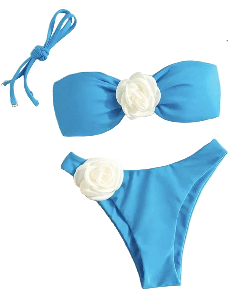 Floral-Appliqué Two-Piece Bikini with Supportive Top and Mid-Rise Bottoms