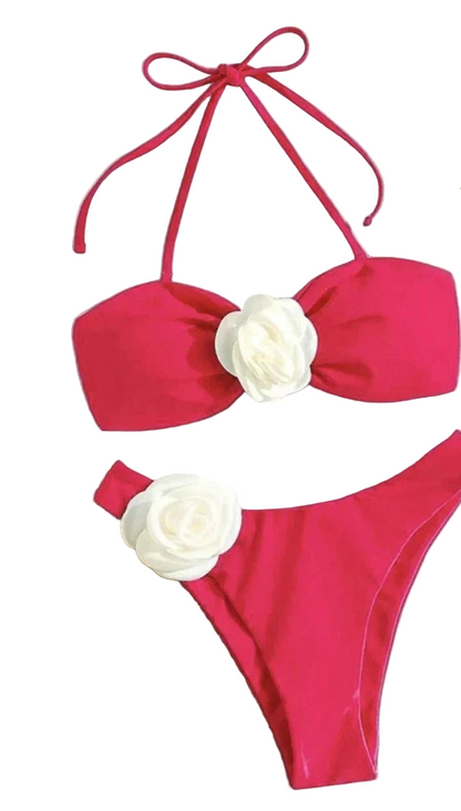 Floral-Appliqué Two-Piece Bikini with Supportive Top and Mid-Rise Bottoms