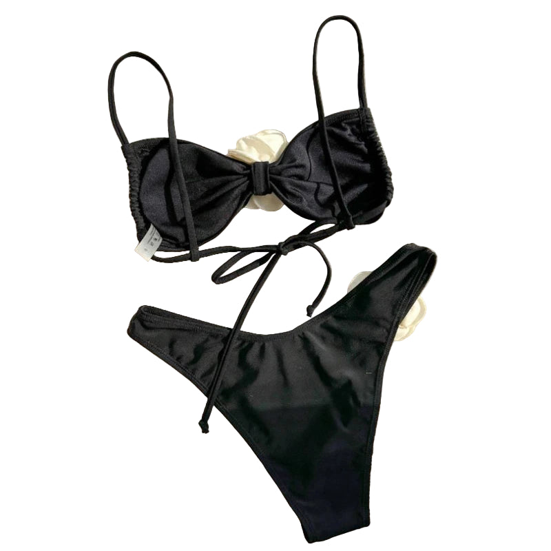 Floral-Appliqué Two-Piece Bikini with Supportive Top and Mid-Rise Bottoms