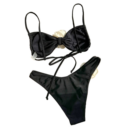 Floral-Appliqué Two-Piece Bikini with Supportive Top and Mid-Rise Bottoms