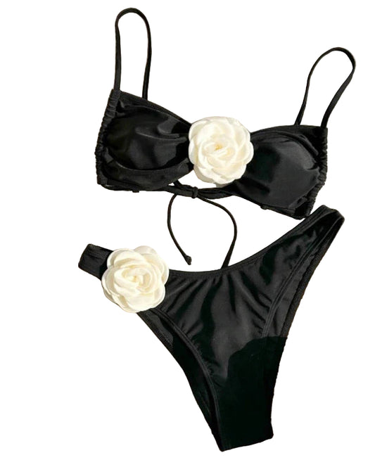 Floral-Appliqué Two-Piece Bikini with Supportive Top and Mid-Rise Bottoms