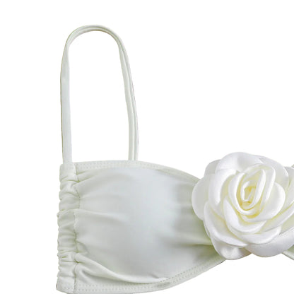 Floral-Appliqué Two-Piece Bikini with Supportive Top and Mid-Rise Bottoms