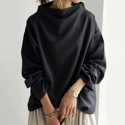 High-Neck Long-Sleeve Top with Relaxed Fit and Dropped Shoulders