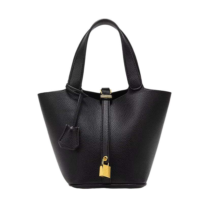 Structured Pebbled Bucket Bag with Gold-Tone Lock Closure