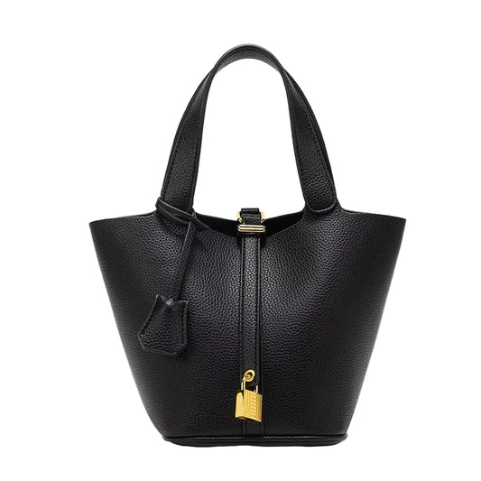 Structured Pebbled Bucket Bag with Gold-Tone Lock Closure