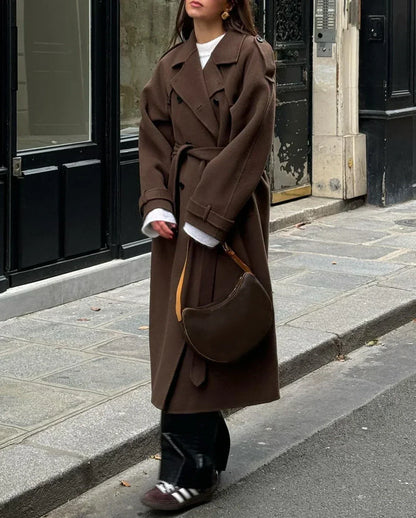 Double-Breasted Maxi Coat with Notched Lapels and Tie Belt Closure