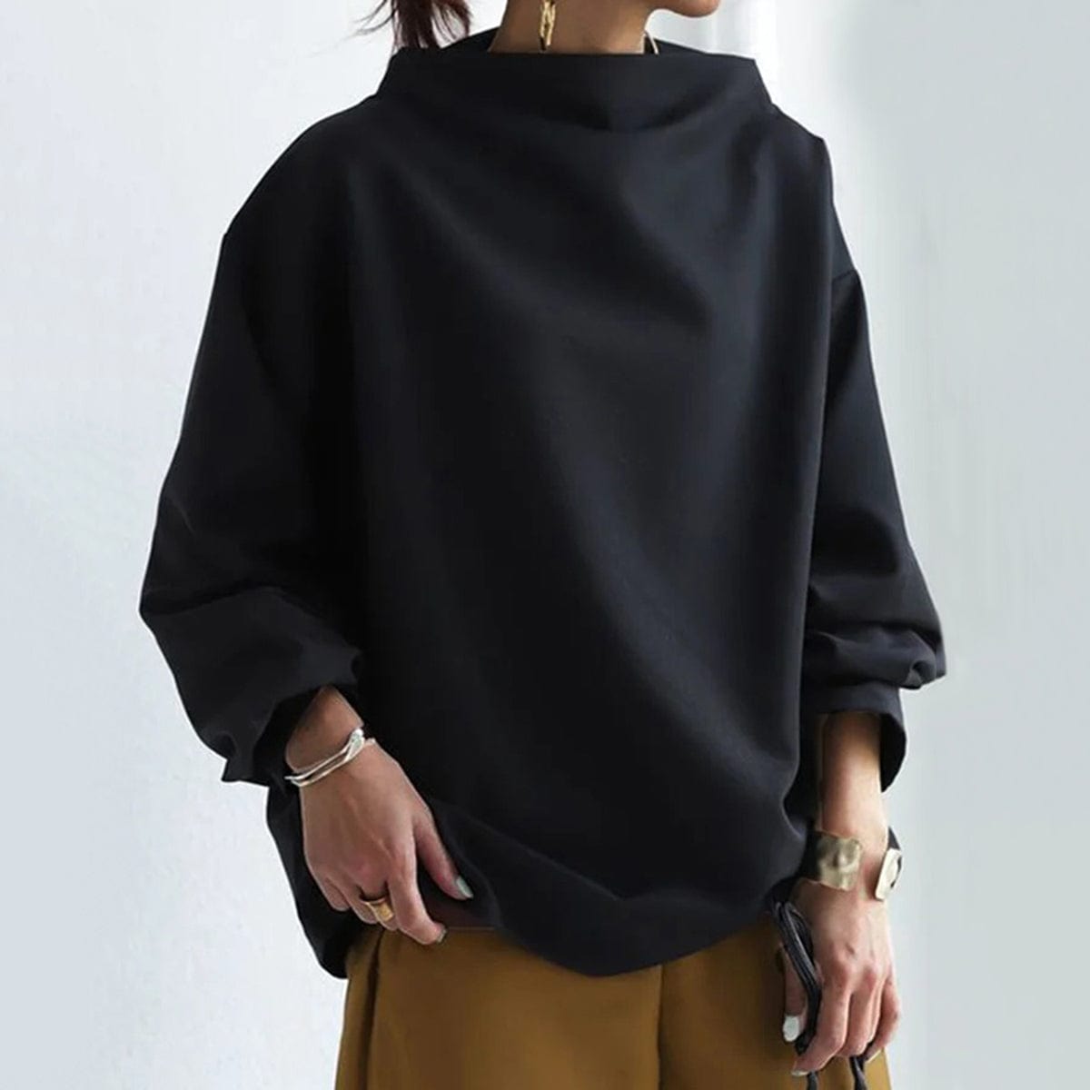 High-Neck Long-Sleeve Top with Relaxed Fit and Dropped Shoulders