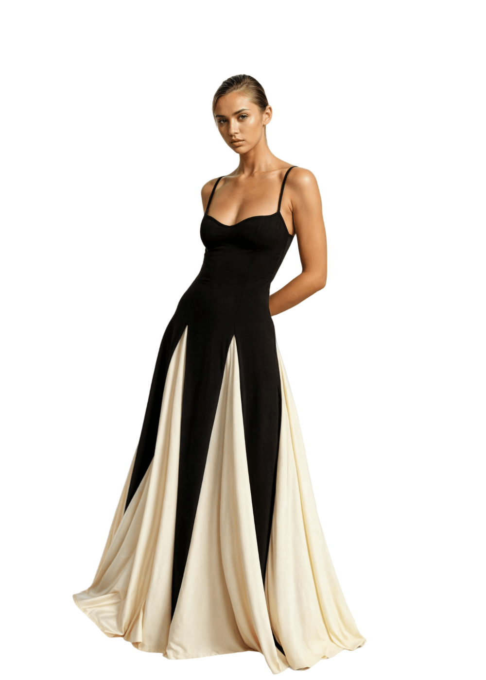 Full-Length Fitted Bodice Dress with Flared Panelled Skirt