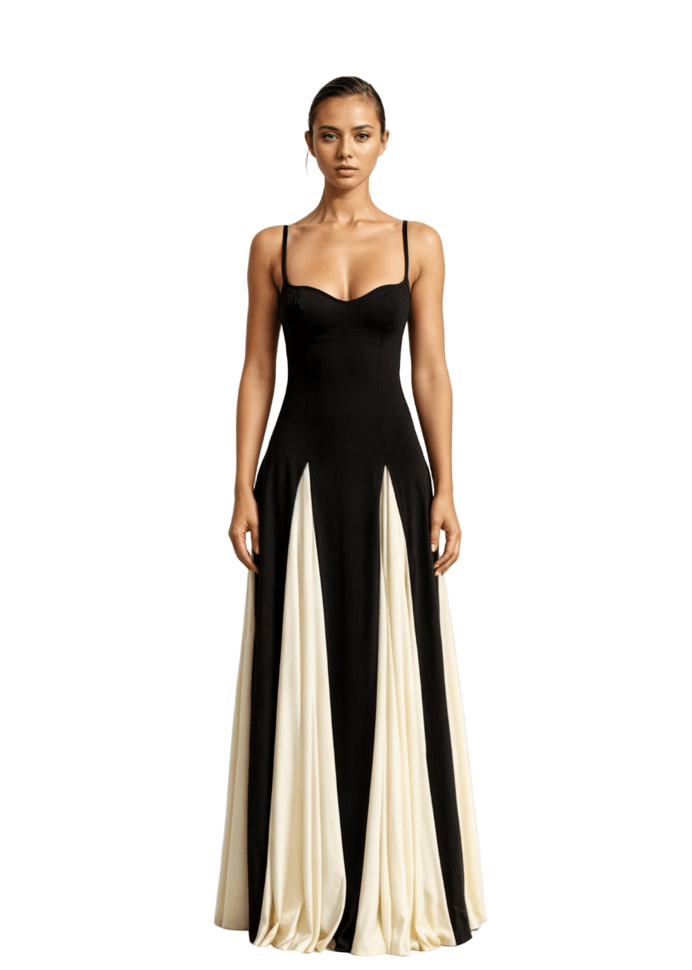 Full-Length Fitted Bodice Dress with Flared Panelled Skirt