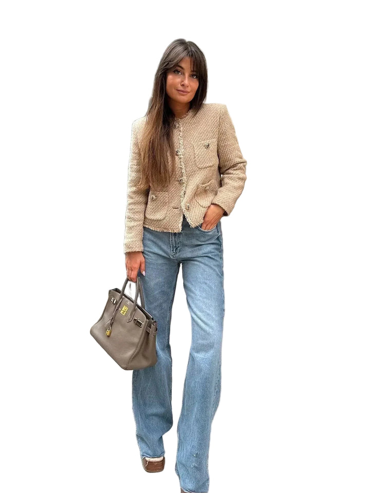 Cropped Jacket with Gold-Tone Button Accents and Front Patch Pockets