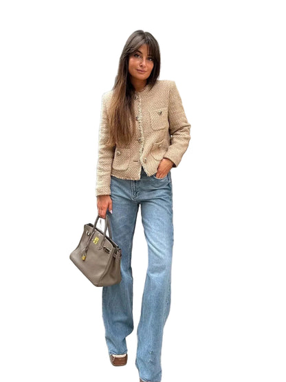 Cropped Jacket with Gold-Tone Button Accents and Front Patch Pockets