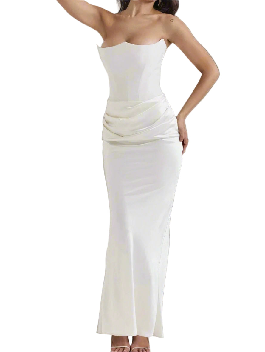 Strapless Draped-Bodice Satin Column Dress