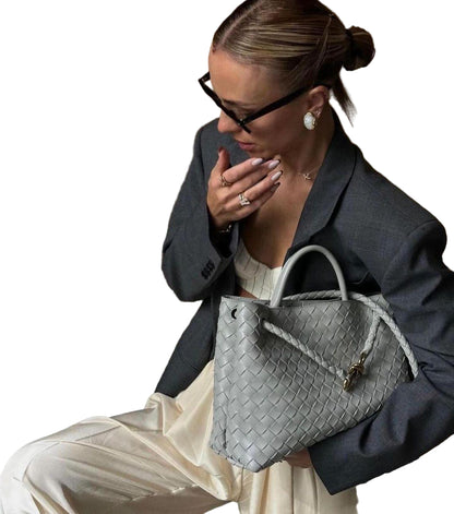 Handwoven Rectangular Bag with Gold-Tone Hardware and Crossbody Strap