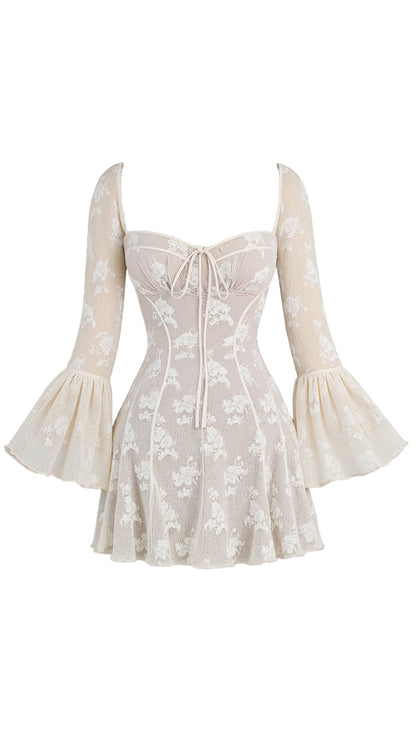 Lace Bell Sleeve Mini Dress with Square Neckline