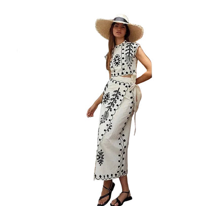 Embroidered Sleeveless Top and Flowing Maxi Skirt Set