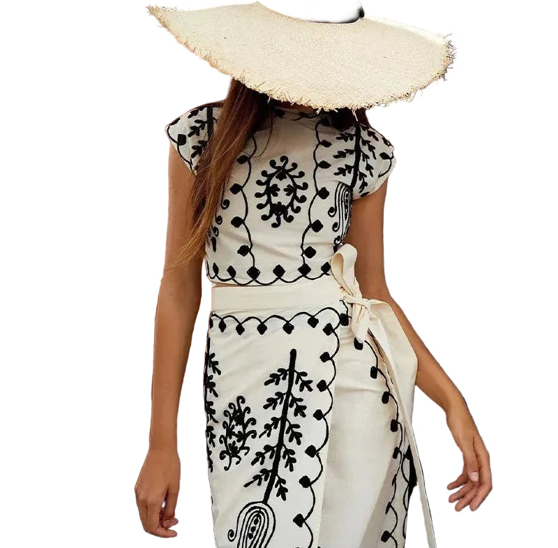 Embroidered Sleeveless Top and Flowing Maxi Skirt Set