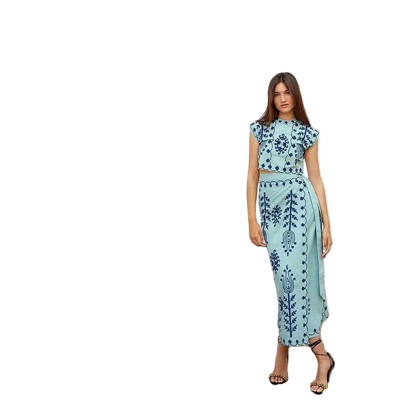 Embroidered Sleeveless Top and Flowing Maxi Skirt Set