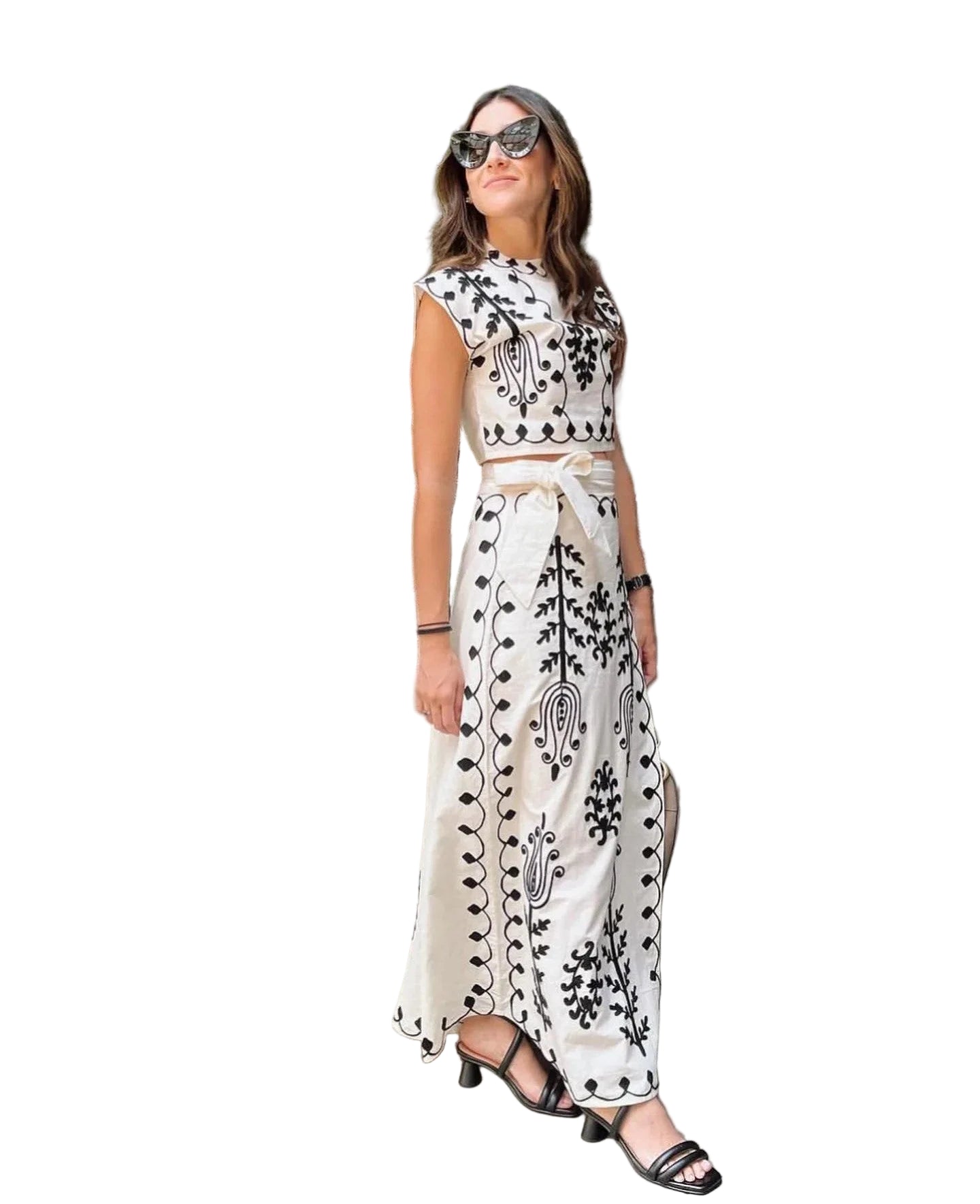 Embroidered Sleeveless Top and Flowing Maxi Skirt Set
