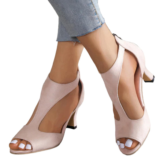 Cutout Block-Heel Sandals with Ankle Zip Closure