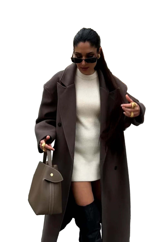 Oversized Trench Coat with Wide Peak Lapels and Button Front Closure