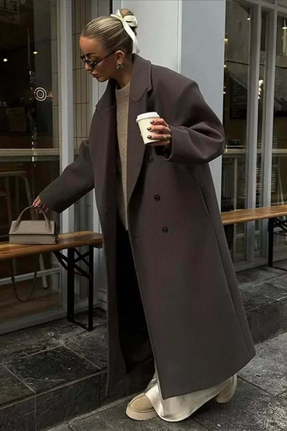Long Wool Coat with Notched Lapels and Button Front Closure