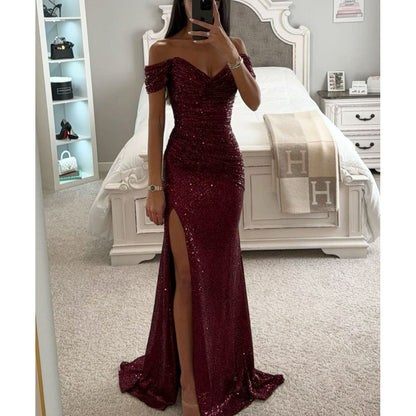 Glittery Off Shoulder Maxi Dress with Sweetheart Neckline and Thigh Slit