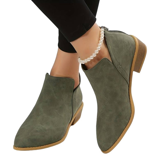 Textured Faux Suede Ankle Booties with V-Cut Front and Low Stacked Heel