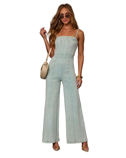 Fitted Bodice Denim Jumpsuit with Flared Legs