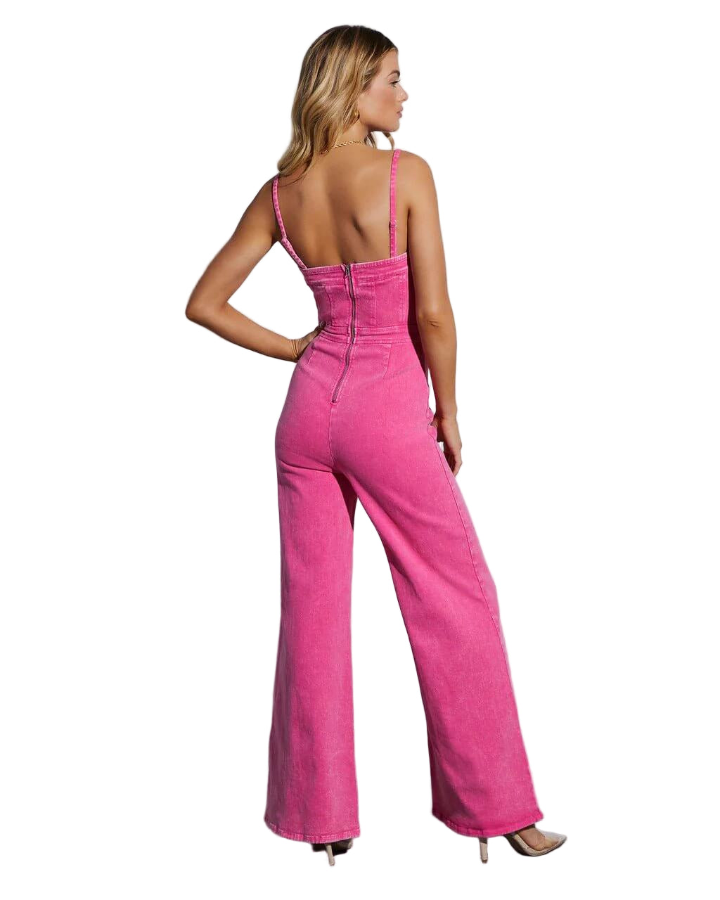 Fitted Bodice Denim Jumpsuit with Flared Legs