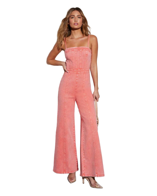 Fitted Bodice Denim Jumpsuit with Flared Legs