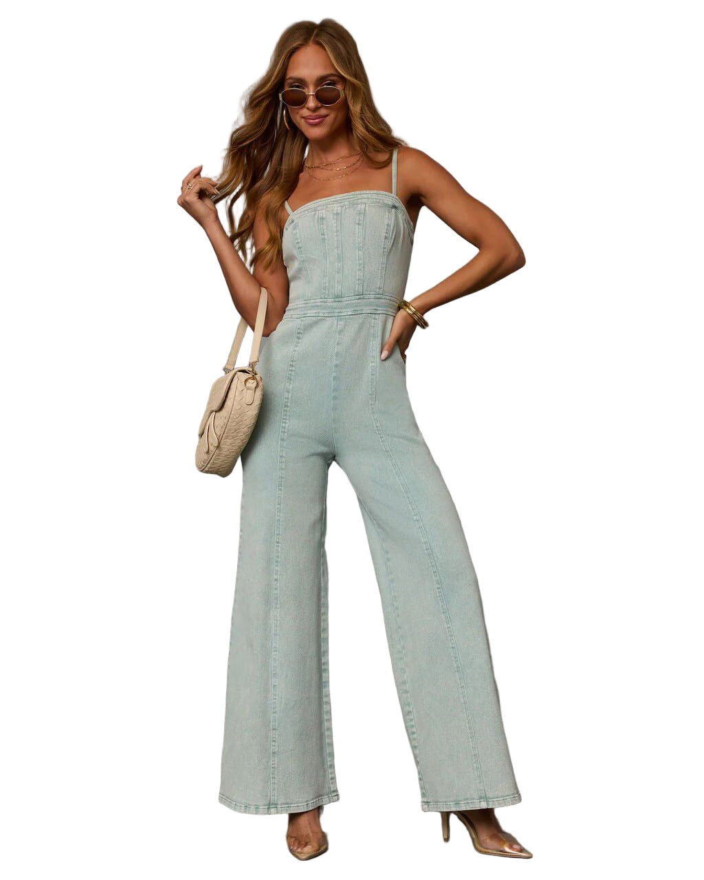 Fitted Bodice Denim Jumpsuit with Flared Legs