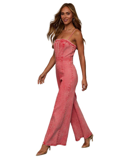 Fitted Bodice Denim Jumpsuit with Flared Legs