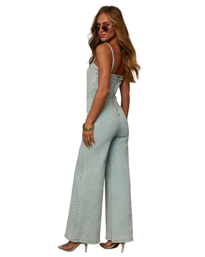 Fitted Bodice Denim Jumpsuit with Flared Legs