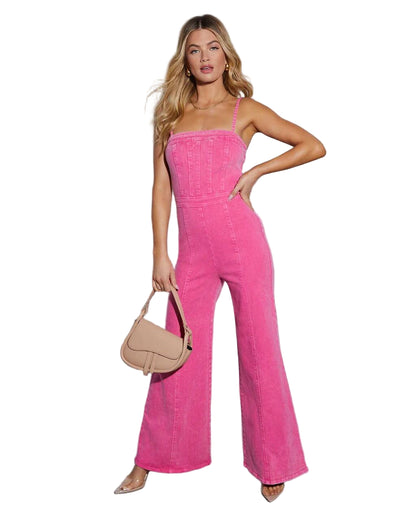 Fitted Bodice Denim Jumpsuit with Flared Legs