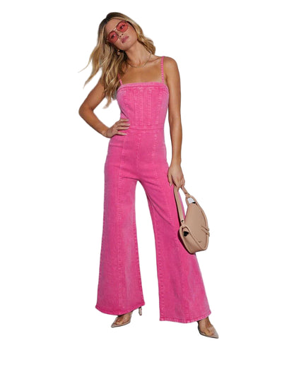 Fitted Bodice Denim Jumpsuit with Flared Legs