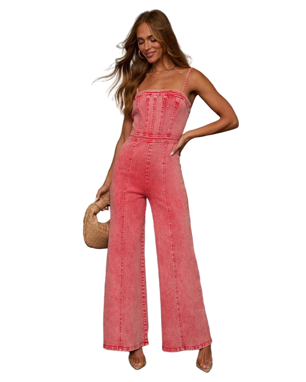 Fitted Bodice Denim Jumpsuit with Flared Legs