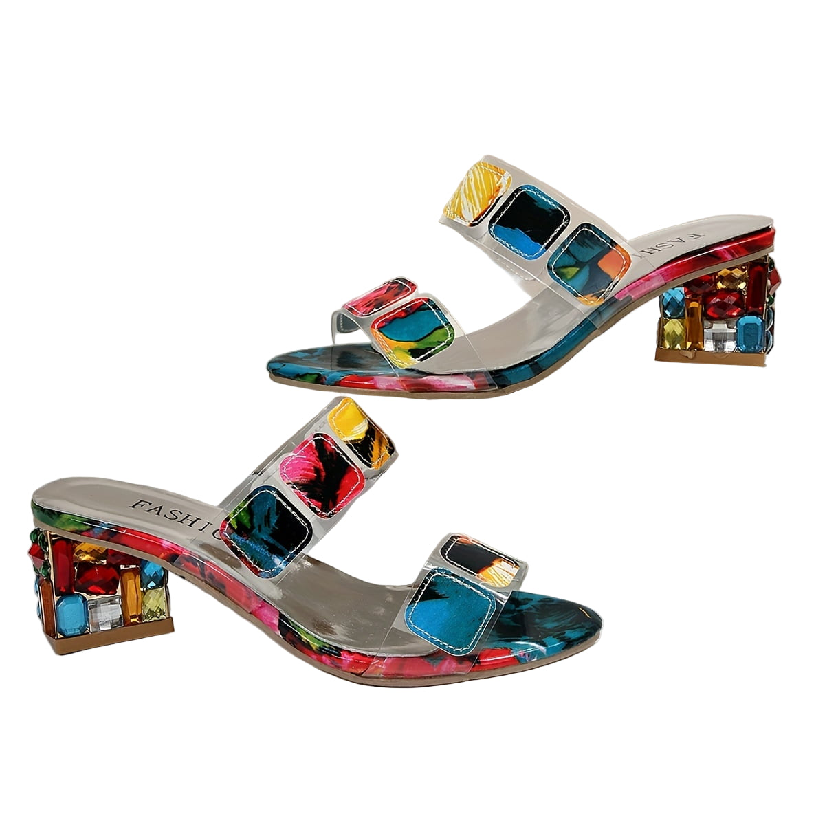 Block Heel Sandals with Multi-Color Mosaic Design