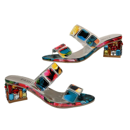 Block Heel Sandals with Multi-Color Mosaic Design