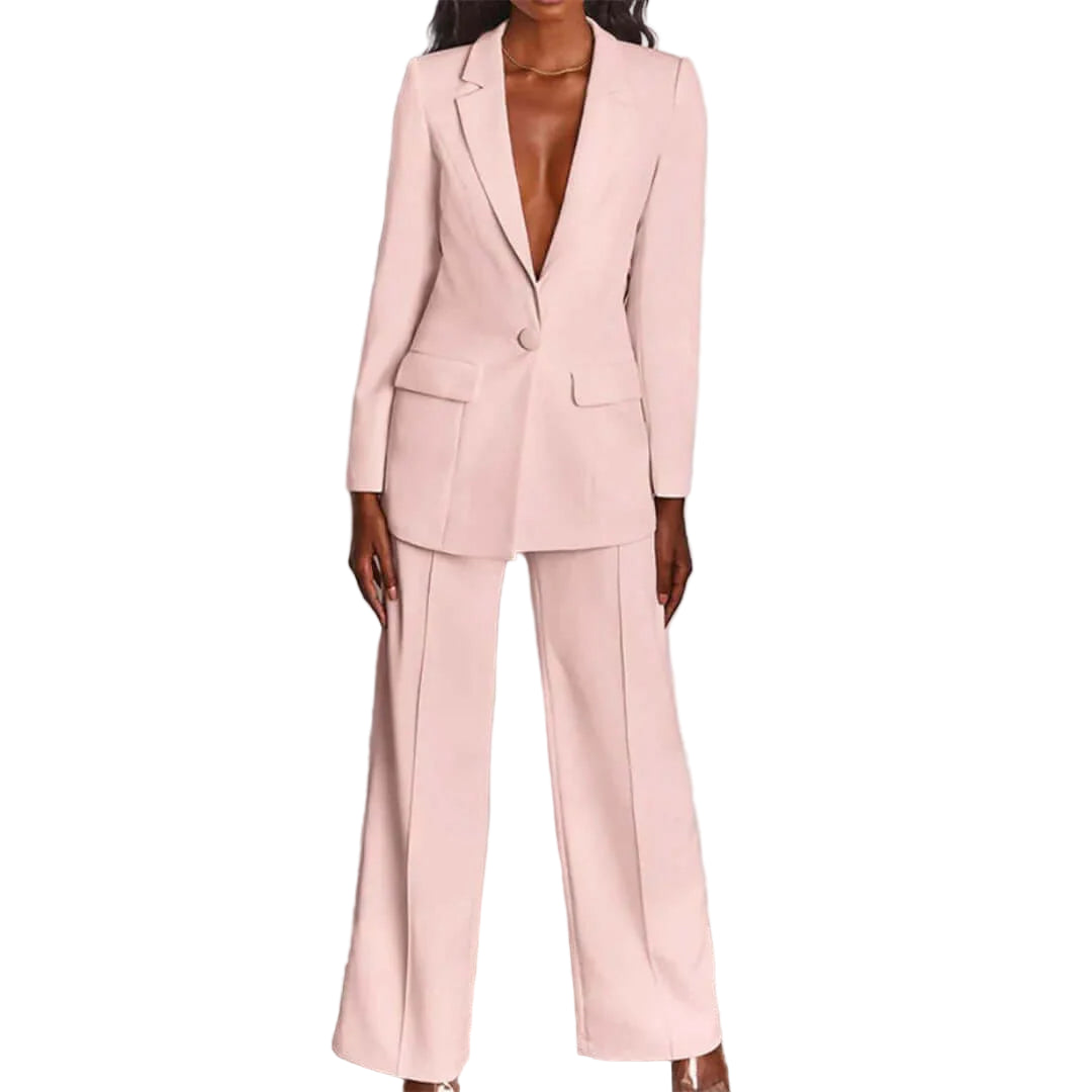 Blazer and Wide-Leg Trousers Suit Set with Single-Button Blazer