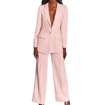 Blazer and Wide-Leg Trousers Suit Set with Single-Button Blazer