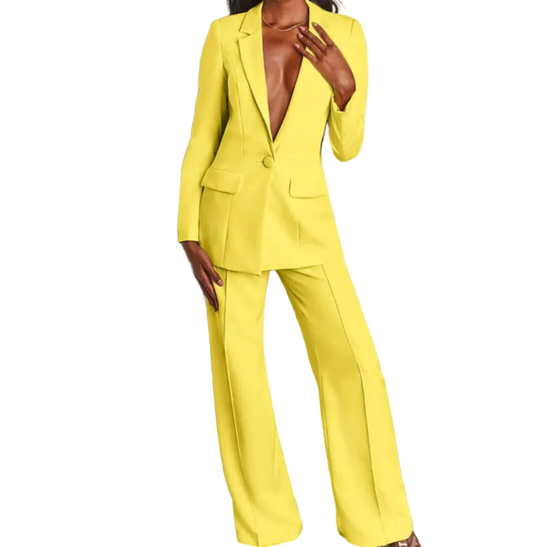 Blazer and Wide-Leg Trousers Suit Set with Single-Button Blazer